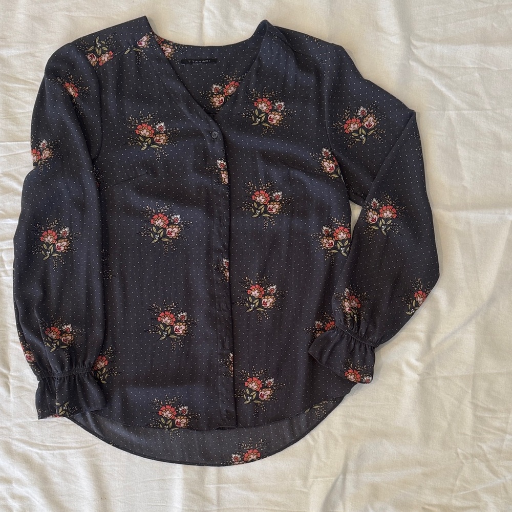 T Tahari Navy Floral Button-Down Blouse with Pink Roses